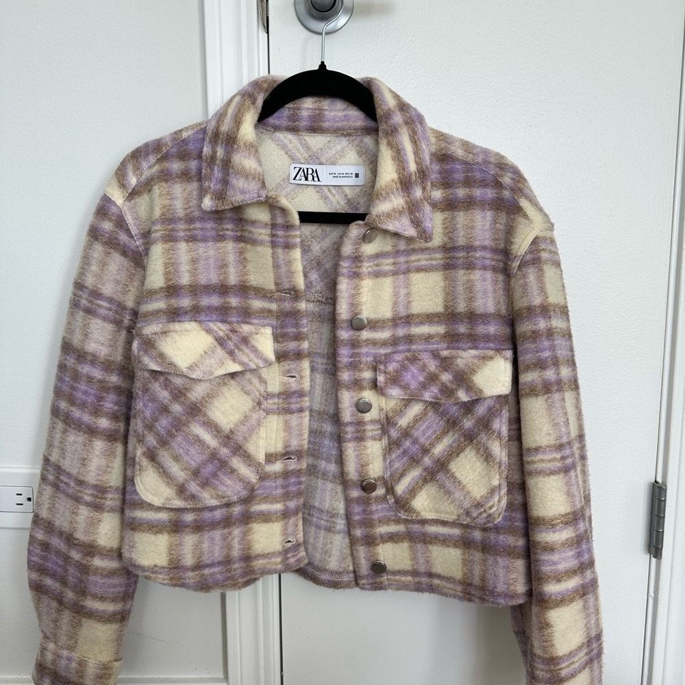 Zara Women's Plaid Cropped Jacket - Purple and Cream